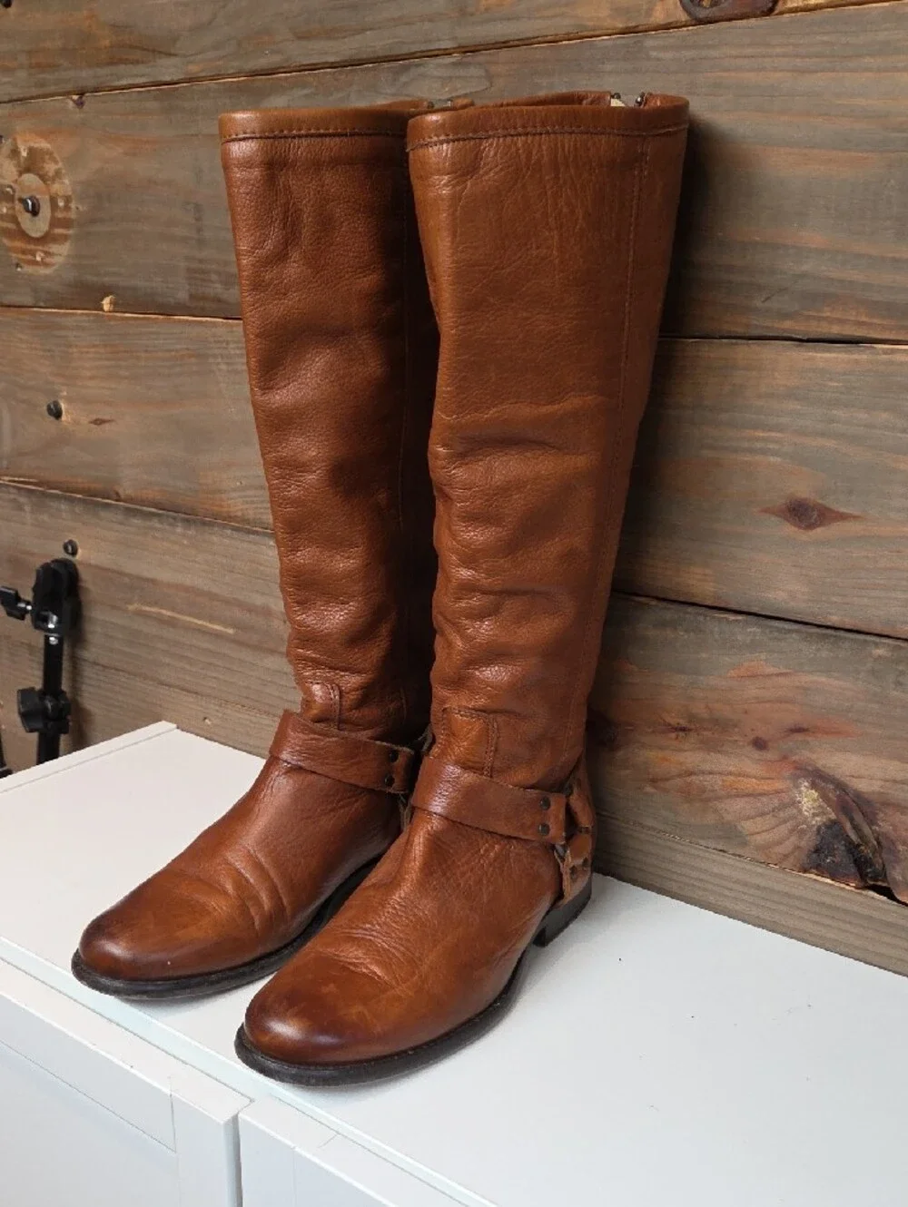 Frye Phillip Harness Tall Cognac Brown Leather Boots